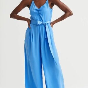 H&M Satin Blue Belted V-Neck Jumpsuit | Size M
